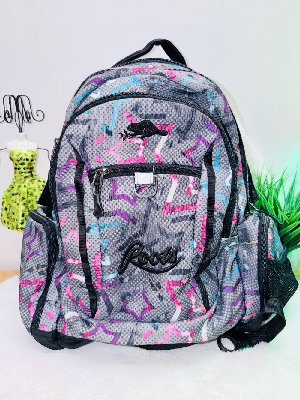 Roots Star Print Backpack - Gray with Pink & Blue Accents